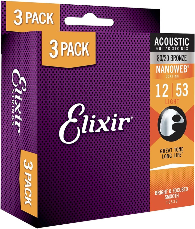 ELIXIR Gulf standard sizing alternatives Strings 16539 Light 80/20 Bronze Nanoweb Acoustic Guitar Strings 3-Pack (.012.053) Gulf user preference oriented build - Image 1