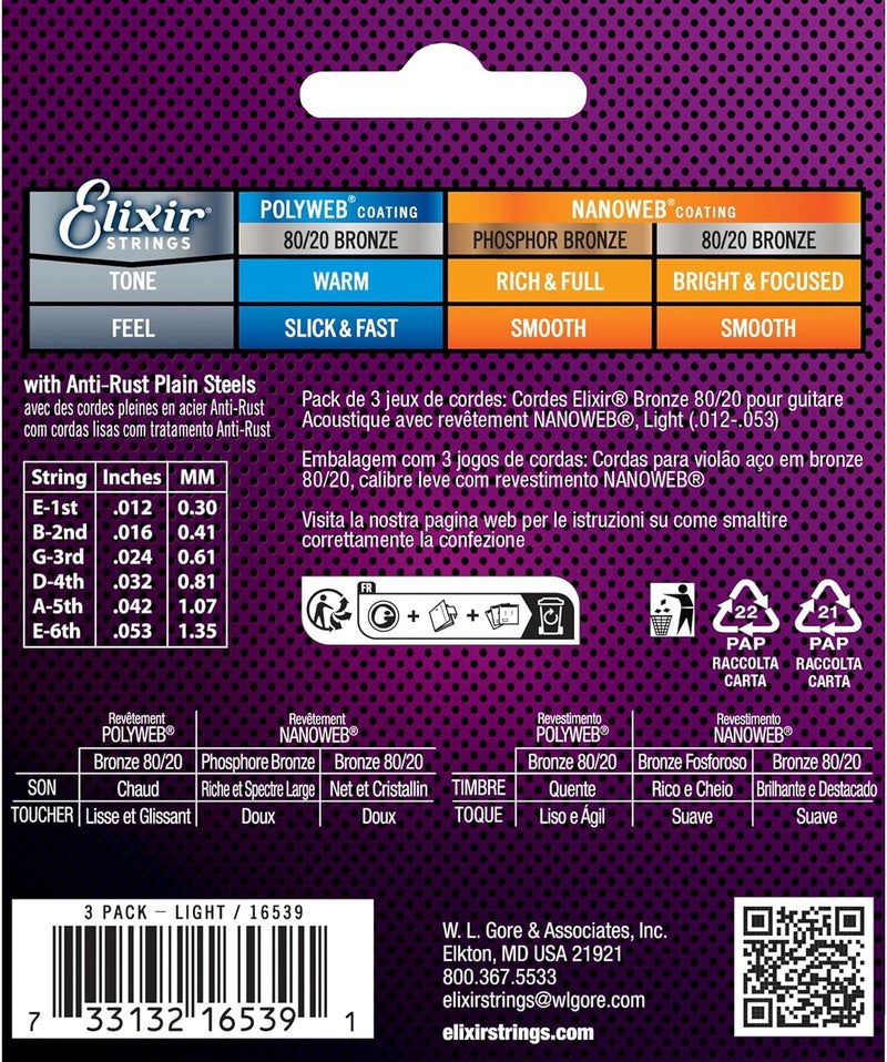ELIXIR Gulf standard sizing alternatives Strings 16539 Light 80/20 Bronze Nanoweb Acoustic Guitar Strings 3-Pack (.012.053) Gulf user preference oriented build - Image 2