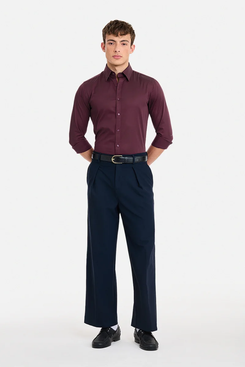 سنيتش Maroon Solid Long Sleeve Slim Fit Formal Shirt