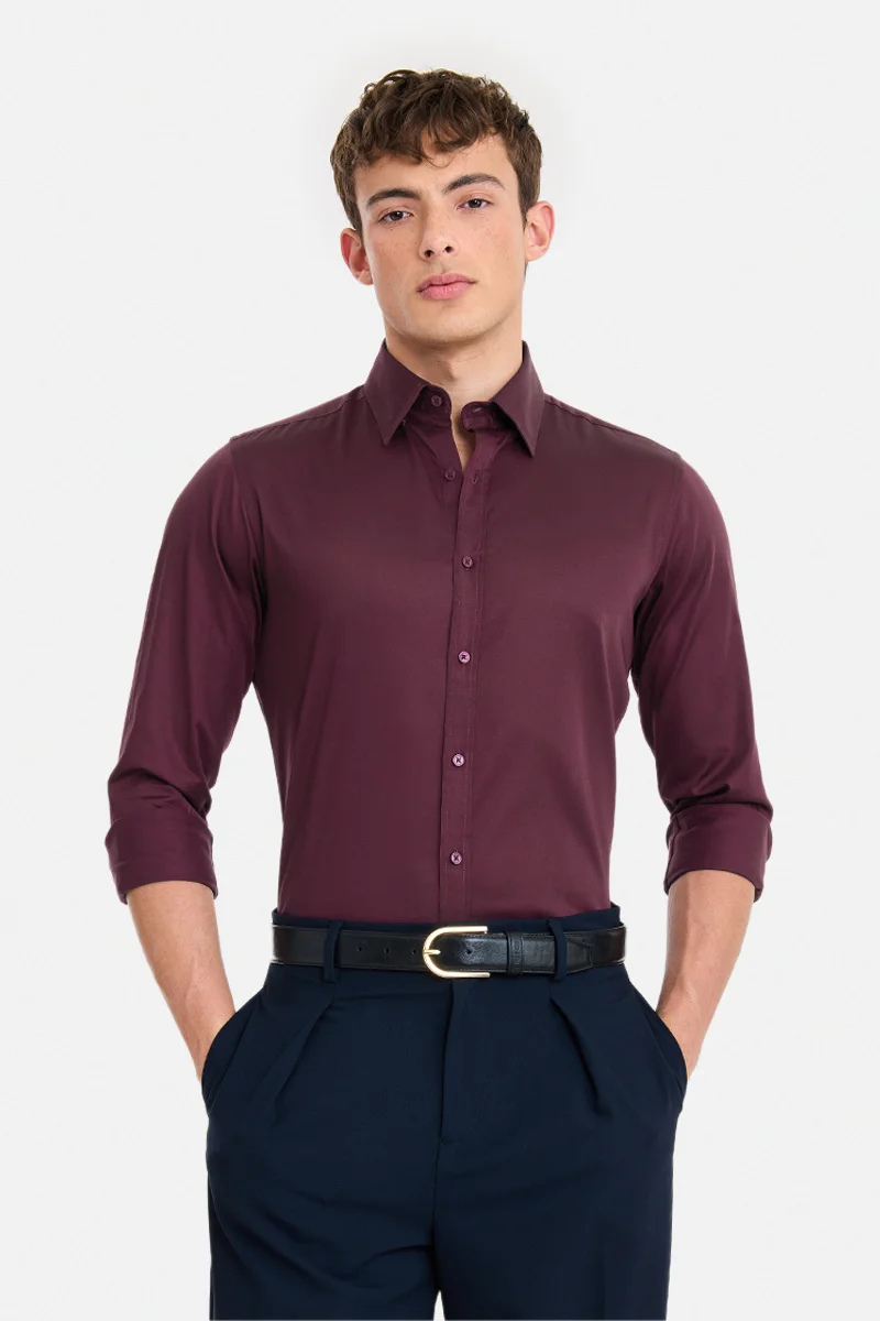 سنيتش Maroon Solid Long Sleeve Slim Fit Formal Shirt