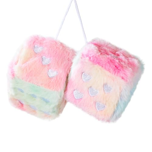 Lutoku Heart Embroidered Colorful Fuzzy Plush Dice 3Inch Decorative Car Mirror Hanging Ornaments Soft Foam Easy Install Great Gift Idea Pale Rainbow - Image 1