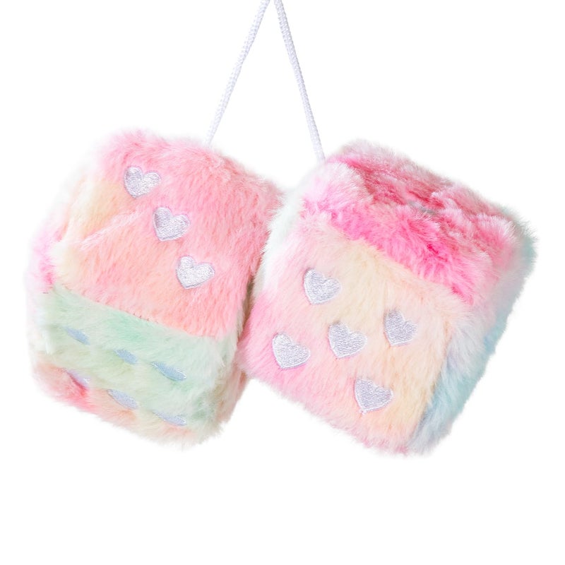 Lutoku Heart Embroidered Colorful Fuzzy Plush Dice 3Inch Decorative Car Mirror Hanging Ornaments Soft Foam Easy Install Great Gift Idea Pale Rainbow - Image 3
