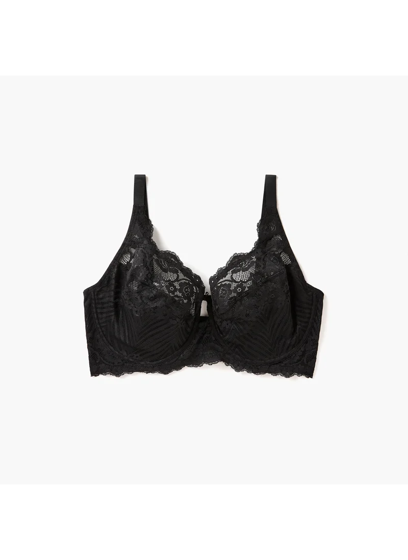 Aadaraya Aadaraya Lace Textured Balconette Bra with Hook and Eye Closure