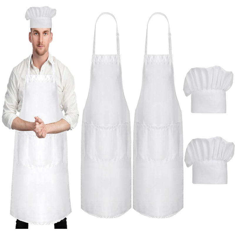 Morwealth 4Pack Chef Apron Hat setAdjustable Kitchen Apron Water Oil Resistant Machinewashable apron pockets for men Women