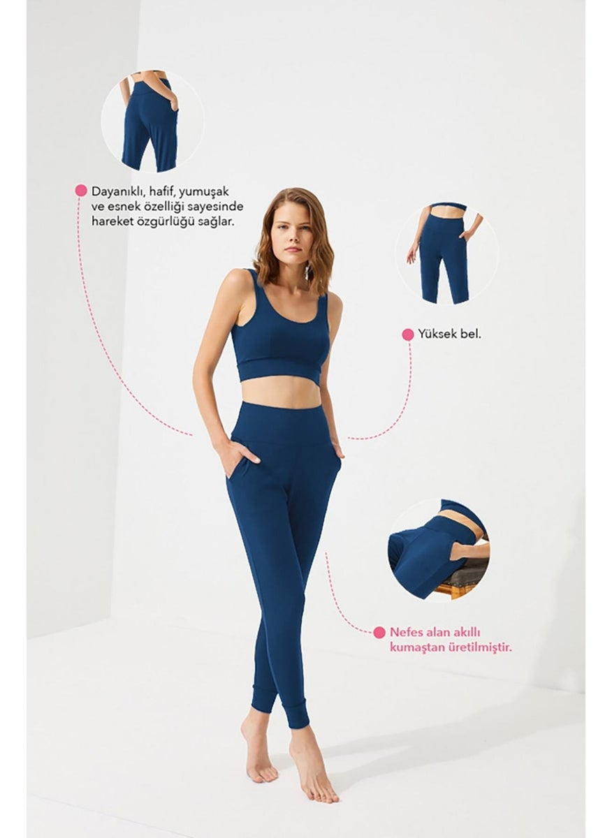 COTTONHILL - Navy Blue High Waist Double Pocket Women's Jogger Sweatpants - Image 1