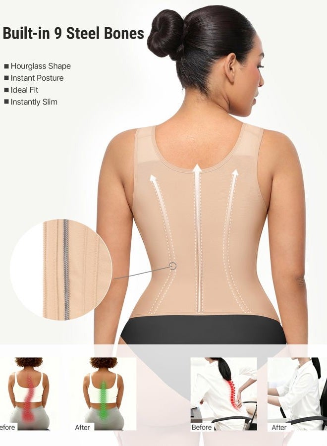 FeelinGirl Waist Trainer Vest for Women Tummy Control Corset Body Shaper with Back Support Adjustable Straps, Beige, L - Image 4