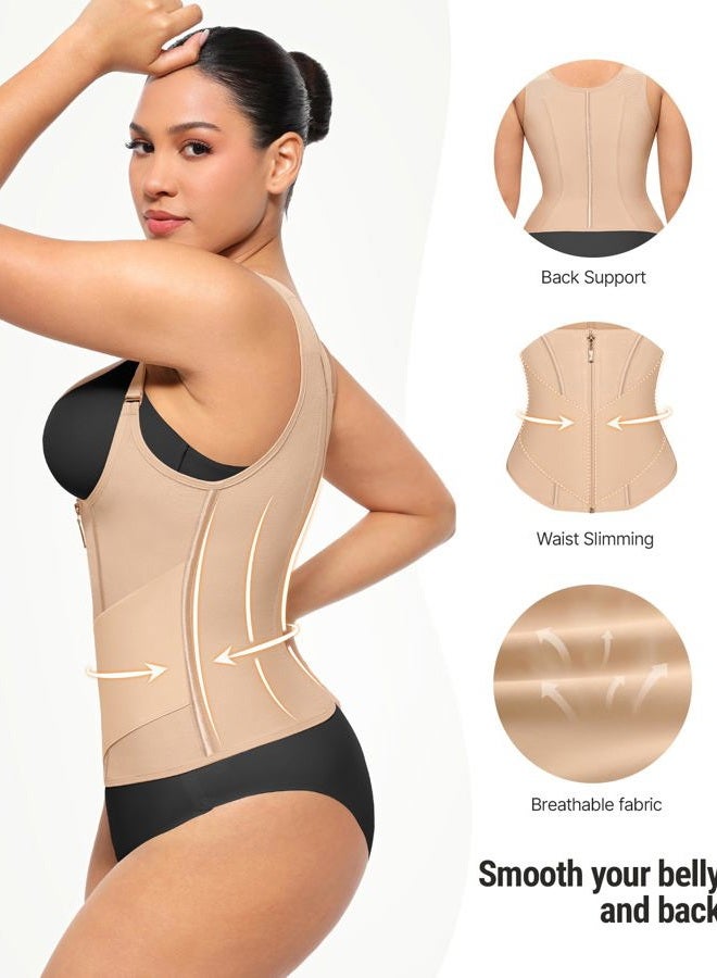 FeelinGirl Waist Trainer Vest for Women Tummy Control Corset Body Shaper with Back Support Adjustable Straps, Beige, L - Image 5