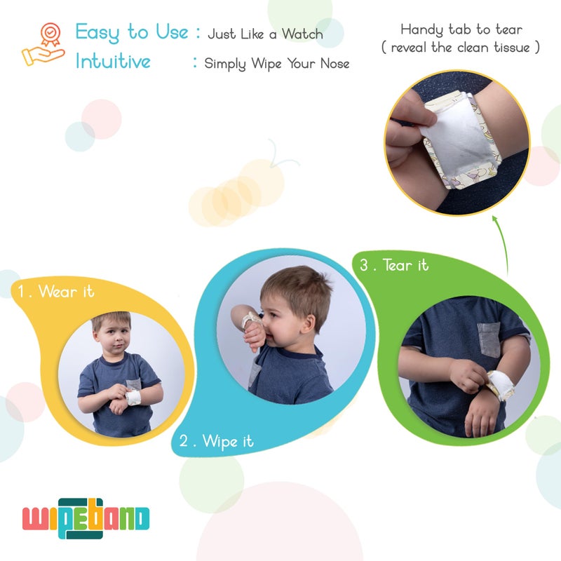 Wipeband Nose Wipes | Kids Wearable Bracelet with Built-in Nose Tissues | Soft 6-Layer Laminated Tissues | Convenient & Hygienic for Clean Hands & Clothes - Image 3
