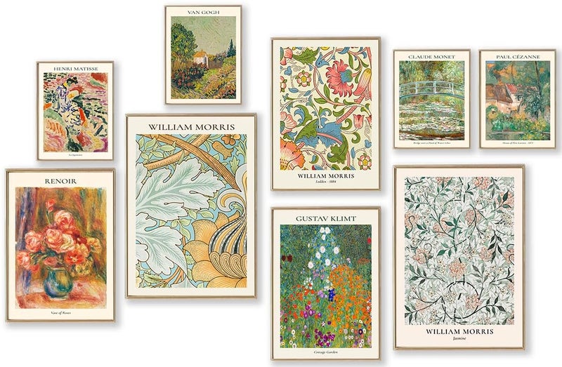 Vintage Eclectic Wall Art Prints Set of 9 Abstract Eclectic Wall Decor Matisse William Morris Van Gogh Monet Maximalist Famous Artist Painting Pictures Trendy Maximalism Poster for Aesthetic