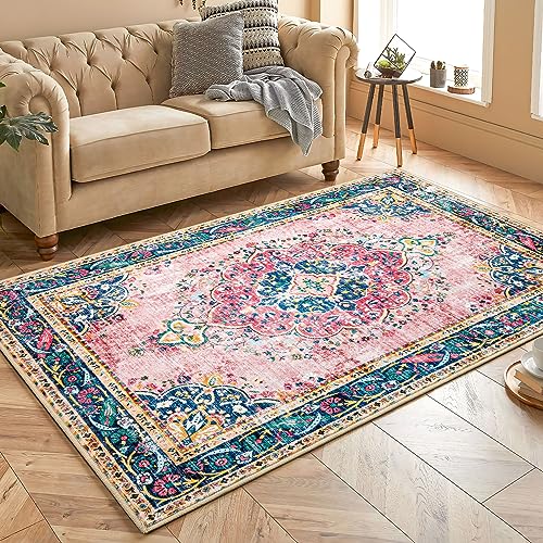YesRug Boho Rug 3x5 Pink Small Area Rug Washable Vintage Rug for Kitchen Living Room Bedroom Bathroom Office Low Pile Non Slip Indoor Floor Carpet - Image 5