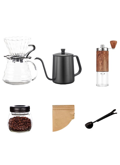 7-Piece V60 Pour Over Coffee Maker Set with Gooseneck Kettle, Grinder, Brewer, and 100 Filters - Perfect for Rich and Flavorful Brews
