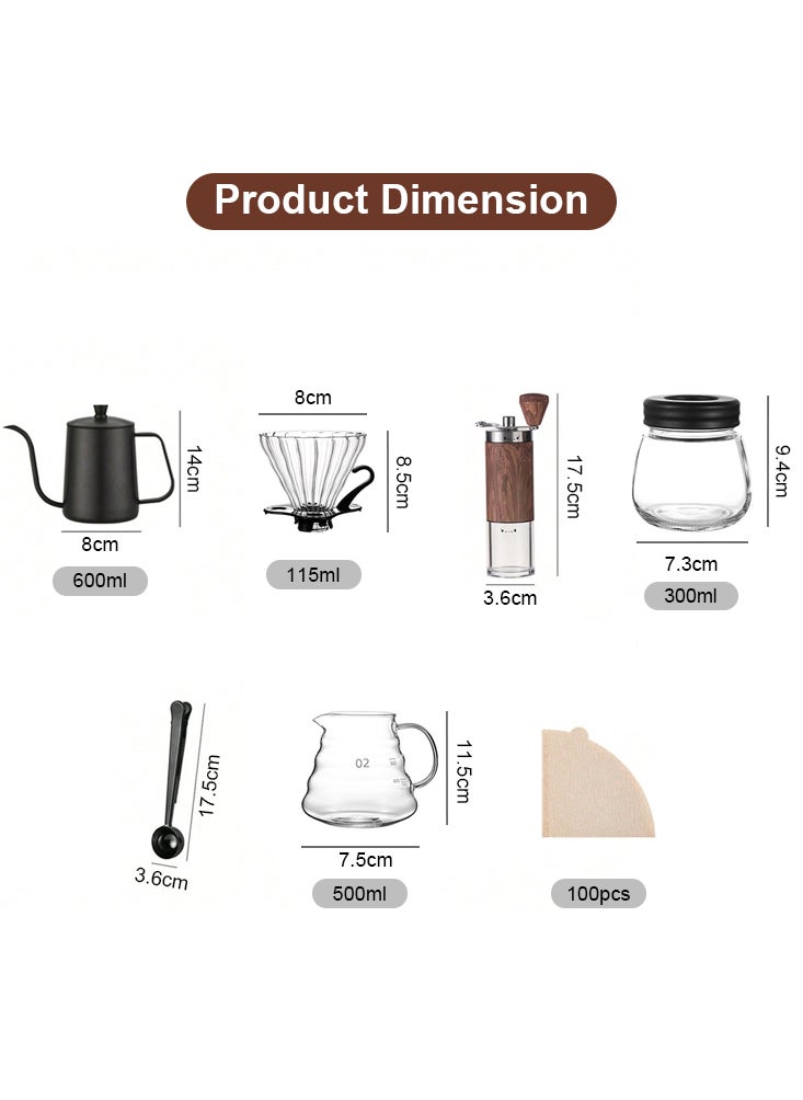 Perfii - 7-Piece V60 Pour Over Coffee Maker Set with Gooseneck Kettle, Grinder, Brewer, and 100 Filters - Perfect for Rich and Flavorful Brews - Image 1