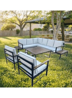 Mardod Saudi Outdoor Set of Iron and European Wood Consisting of an L-shaped Corner Sofa with Two Built-in Side Tables + 2 Chairs + a Coffee Table in the Middle - Sky Blue - 5Set_MTL_00010