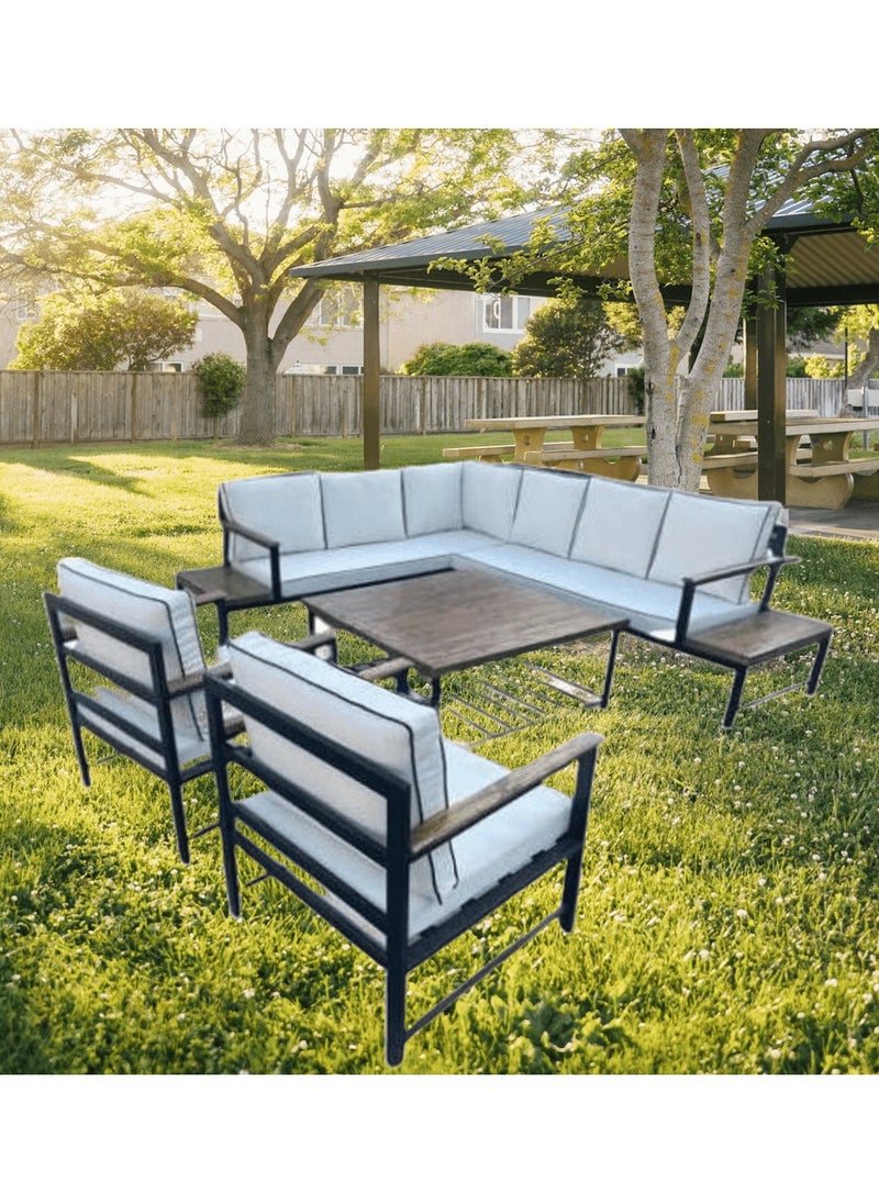 Generic - Mardod Saudi Outdoor Set of Iron and European Wood Consisting of an L-shaped Corner Sofa with Two Built-in Side Tables + 2 Chairs + a Coffee Table in the Middle - Sky Blue - 5Set_MTL_00010 - Image 1