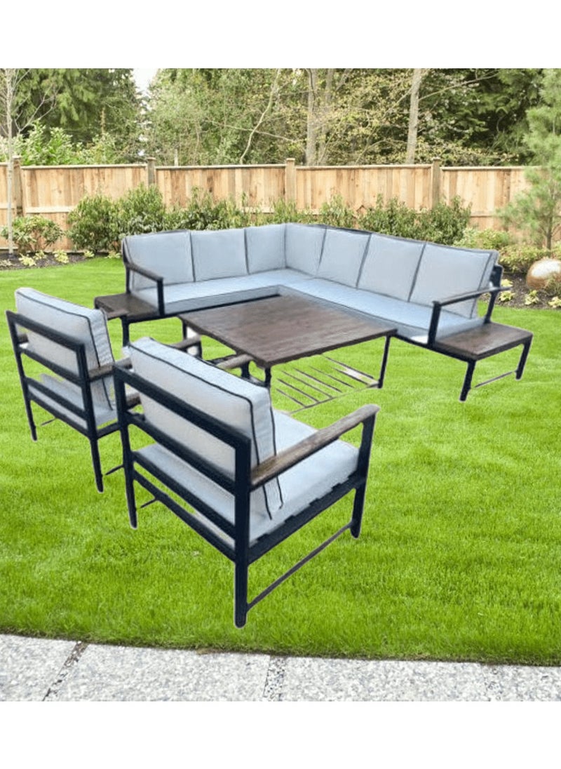 Generic - Mardod Saudi Outdoor Set of Iron and European Wood Consisting of an L-shaped Corner Sofa with Two Built-in Side Tables + 2 Chairs + a Coffee Table in the Middle - Sky Blue - 5Set_MTL_00010 - Image 1