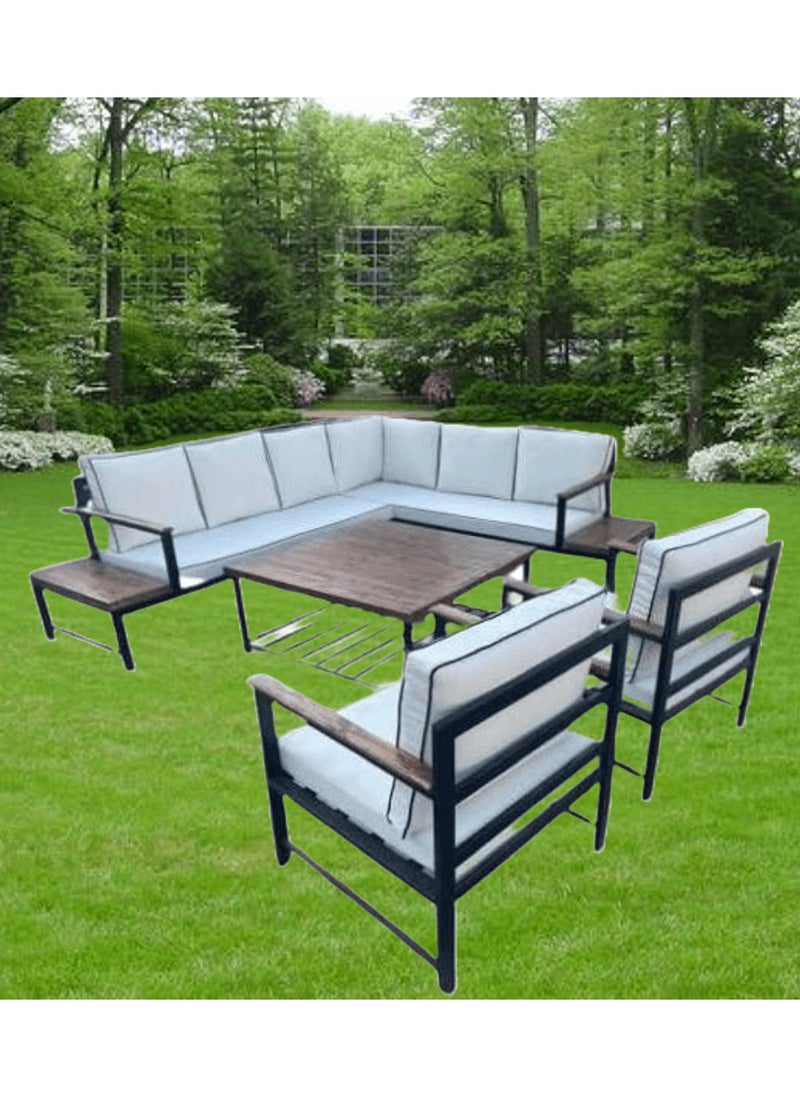 Generic - Mardod Saudi Outdoor Set of Iron and European Wood Consisting of an L-shaped Corner Sofa with Two Built-in Side Tables + 2 Chairs + a Coffee Table in the Middle - Sky Blue - 5Set_MTL_00010 - Image 1
