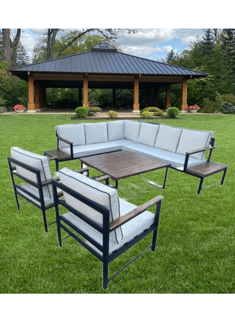 Generic - Mardod Saudi Outdoor Set of Iron and European Wood Consisting of an L-shaped Corner Sofa with Two Built-in Side Tables + 2 Chairs + a Coffee Table in the Middle - Sky Blue - 5Set_MTL_00010 - Image 1