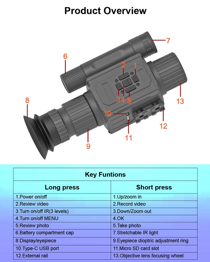 2025 New NK008 Series NK008-50-940 Integrated Infrared Night Vision Device with 50mm Lens 940nm Laser Infrared 1.4-inch 470x470 AMOLED Display AI Digital Zoom Aluminum Alloy Construction 0.3kg Net Weight 0.65kg Total Packaging Weight - Image 2