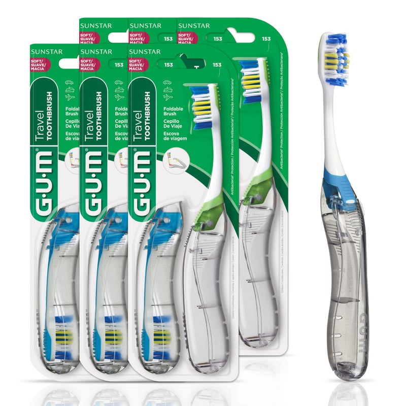 GUM Folding Travel Toothbrush, Compact Head + Tongue Cleaner, Soft Bristled Travel Toothbrushes for Adults, 2ct (Pack of 6) - Image 1