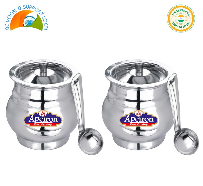 Apeiron Stainless Steel Ghee/Oil Pot with Spoon and Lid - 300 ml (Pack of 2, Lota Shape) - Image 5