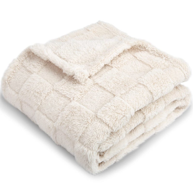 HOMRITAR HOMRITAR 3D Gingham Fleece Baby Blanket for Girls Boys Chessboard Grid Warmer Comfort Reversible Shaggy Cozy Decor for Home Bed Blanket for Toddlers 30 x 40 Inches Cream
