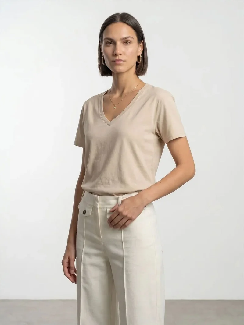 Dilvin Dilvin Cotton Tencel V-Neck Short-Sleeve Blouse