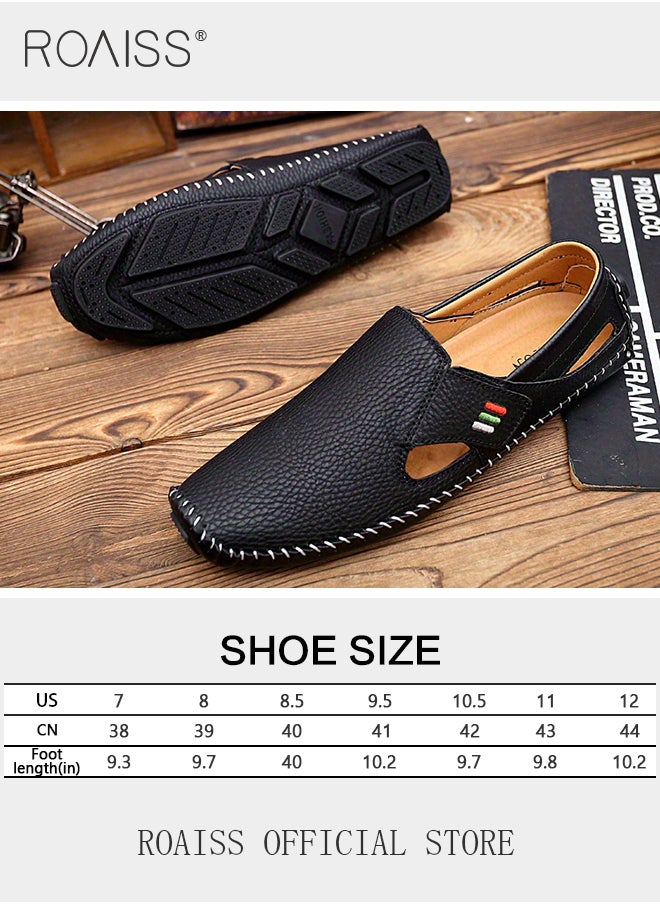 roaiss - Special Shaped Slip-On Shoes for Men Fashion Stitched Trim Low Top Soft Sole Business Leather Flat Shoes Mens Wear Resistant Anti Slip Breathable Comfort Outdoor Beach Sandals - Image 1