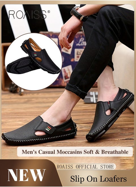 Special Shaped Slip-On Shoes for Men Fashion Stitched Trim Low Top Soft Sole Business Leather Flat Shoes Mens Wear Resistant Anti Slip Breathable Comfort Outdoor Beach Sandals Black