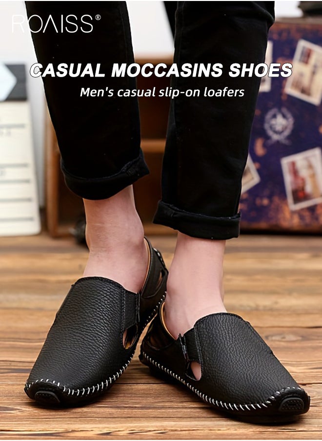 roaiss - Special Shaped Slip-On Shoes for Men Fashion Stitched Trim Low Top Soft Sole Business Leather Flat Shoes Mens Wear Resistant Anti Slip Breathable Comfort Outdoor Beach Sandals - Image 1
