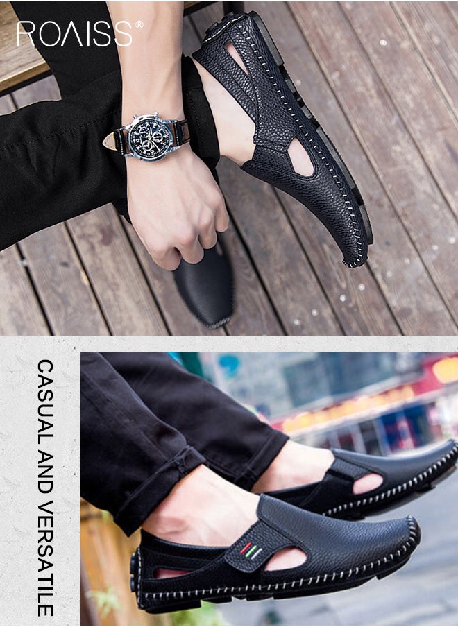 roaiss - Special Shaped Slip-On Shoes for Men Fashion Stitched Trim Low Top Soft Sole Business Leather Flat Shoes Mens Wear Resistant Anti Slip Breathable Comfort Outdoor Beach Sandals - Image 1