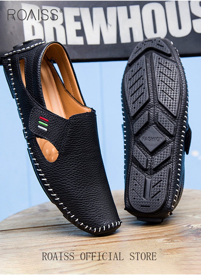 roaiss - Special Shaped Slip-On Shoes for Men Fashion Stitched Trim Low Top Soft Sole Business Leather Flat Shoes Mens Wear Resistant Anti Slip Breathable Comfort Outdoor Beach Sandals - Image 1