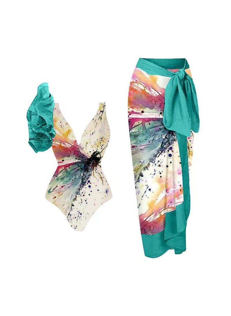 Generic 2-Piece Women Single Shoulder Lotus Leaf Edge Printed Swimsuit With Skirt Holiday Beach Dress Female Retro Swimwear Vintage Surf Wear Summer  - Image 1