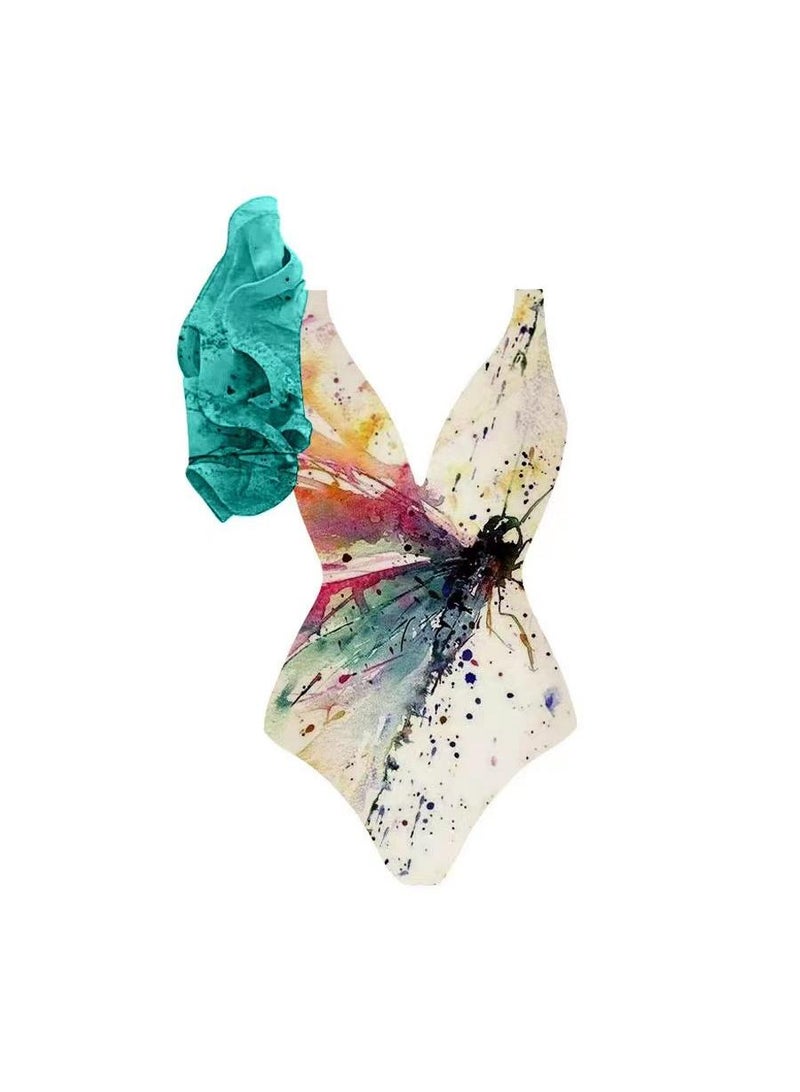 Generic 2-Piece Women Single Shoulder Lotus Leaf Edge Printed Swimsuit With Skirt Holiday Beach Dress Female Retro Swimwear Vintage Surf Wear Summer  - Image 2