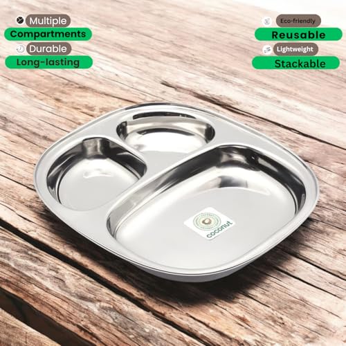 coconut Stainless Steel Small Dinner Plates wiith 2 Partitioned(Heavy Guage) Dynasty Plate - Set of 2 - Diameter- 10.5 Inches - Image 5