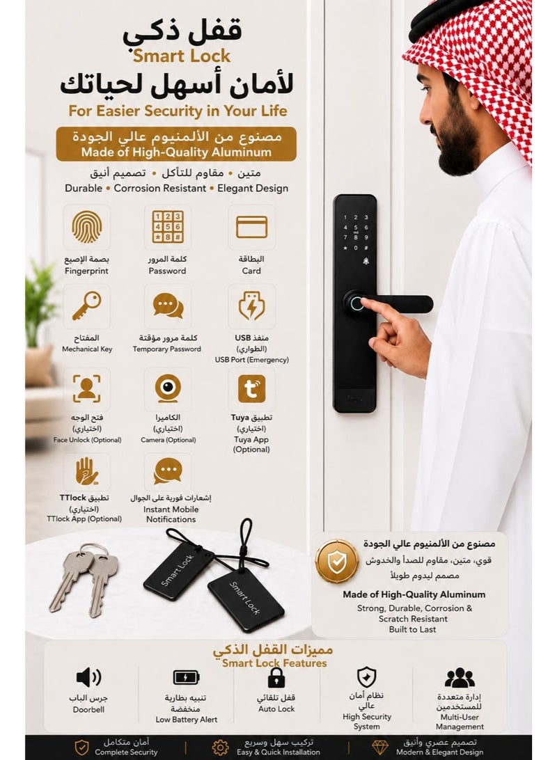 Smart Door Lock with Fingerprint, Password, RFID Card, Tuya App and Mechanical Key - Image 1
