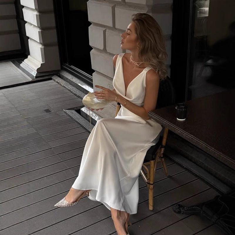 Elegant Solid Color Cowl Neck Satin Evening Dress for Women - Image 4