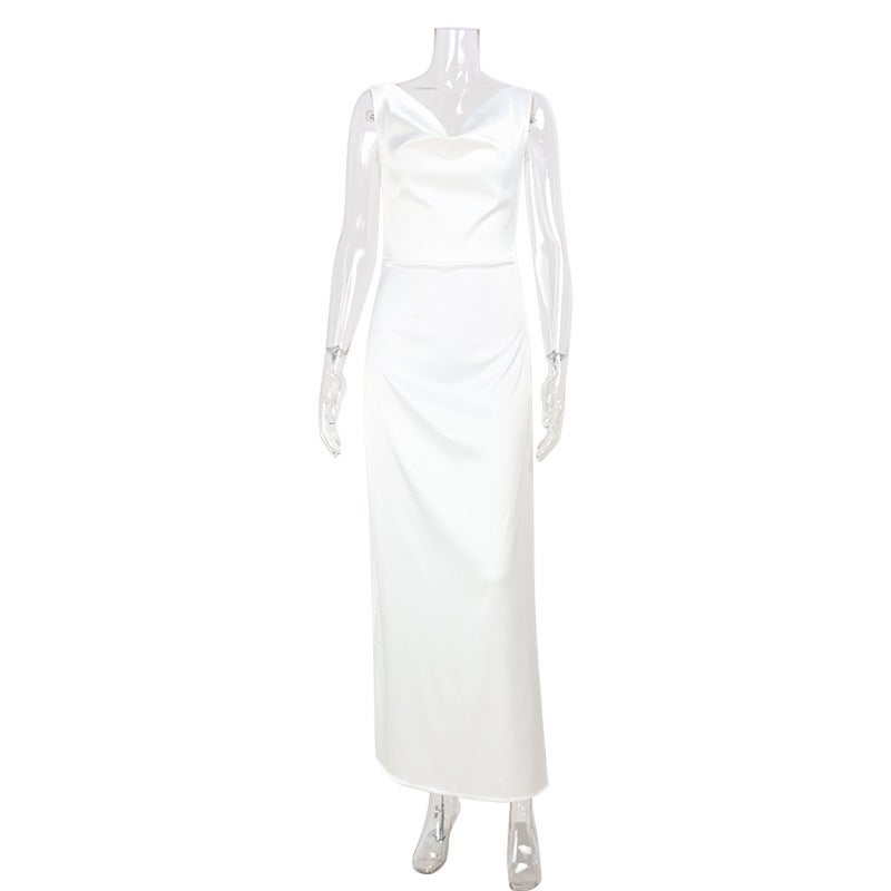 Elegant Solid Color Cowl Neck Satin Evening Dress for Women - Image 5