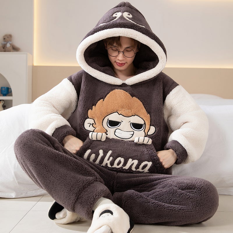 Winter Coral Fleece Pajamas Men'S Fleece-Lined Thickened Warm Cartoon Hooded Flannel Teenager Home Clothes Suit - Image 1