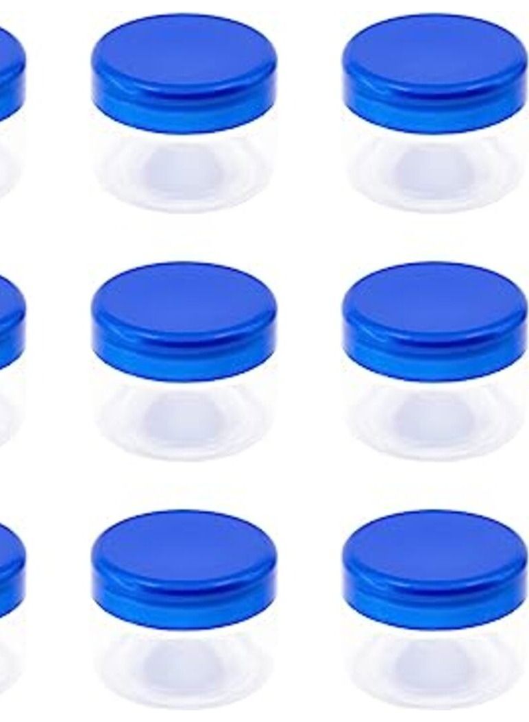 مجموعة من 12 برطمانات بلاستيك فارغة بتصميم دائري عالية الجودة وامنة صحيا ومناسبة للسفر بلون ابيض شفاف وغطاء ازرق لتعبئة جميع المواد، 100 مل