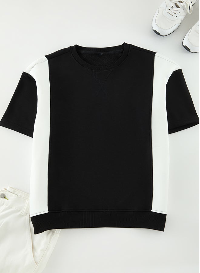 trendyol Black-Ecru Oversize/Wide Cut Color Block Thick T-shirt with Inside Raised Hem TMNAW25TS00015 - Image 1