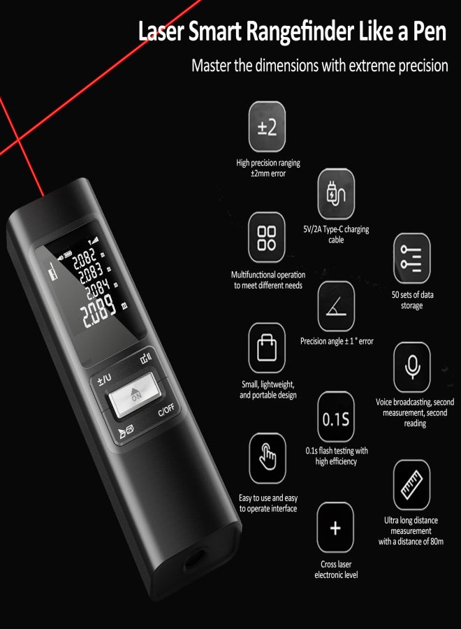 S80 Distance Meter 80M Handheld Rangefinder ±2mm High Precision Digital Mini Distance Measuring Meter Indoor Rechargeable Electronic Space Measurement Device for Length Area Volume with - Image 2