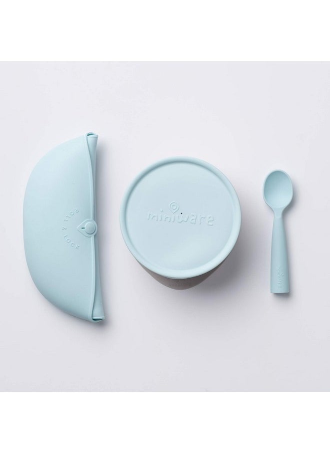 Miniware Miniware First Bites Deluxe Set: Cereal Bowl, Detachable Suction Foot, Training Spoon, Silicone Bib for Baby Toddler Kids | Promotes Self Feeding | BPA Free | Dishwasher Safe (Aqua)  - Image 2