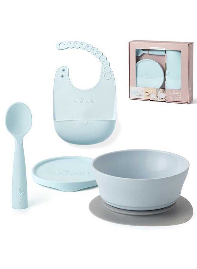 Miniware Miniware First Bites Deluxe Set: Cereal Bowl, Detachable Suction Foot, Training Spoon, Silicone Bib for Baby Toddler Kids | Promotes Self Feeding | BPA Free | Dishwasher Safe (Aqua)  - Image 1