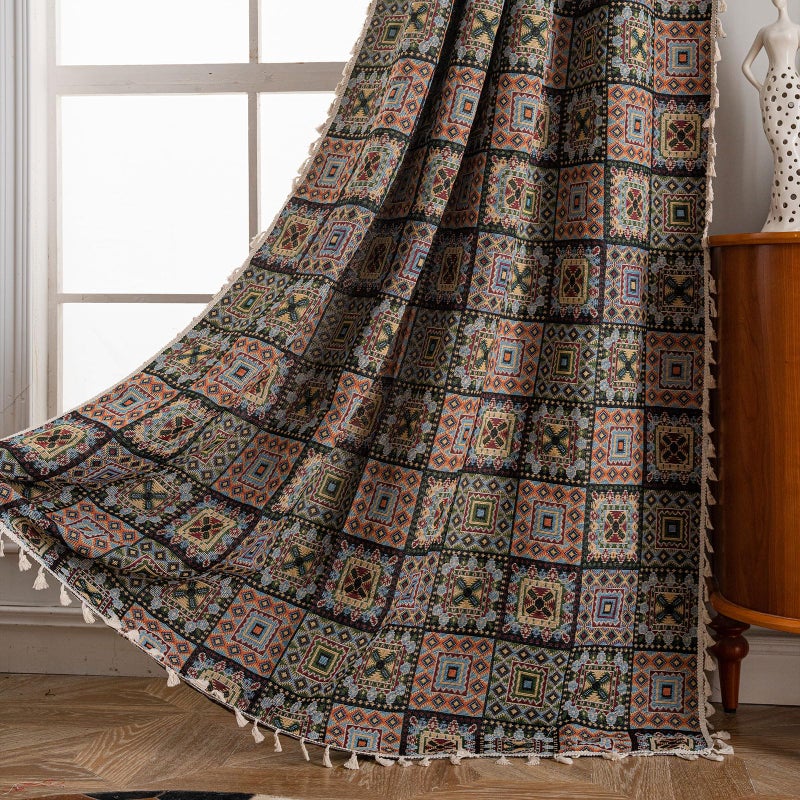 ENJOYBRIDAL ستائر ENJOYBRIDAL المرقعة بطول 84 بوصة لغرفة النوم وغرفة المعيشة، ستائر جاكار بوهيمية شبه شفافة بطول الأرض، طقم من قطعتين، تصميم هندسي عتيق، لون أسود، جيب للعمود، ستائر بوهيمية. - Image 1