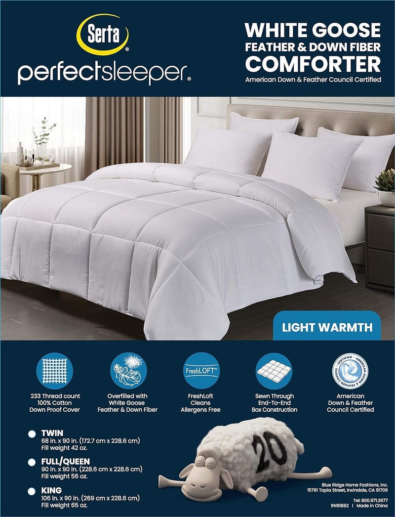 Serta Goose Feather Down Fiber Cotton Comforter King Size - 100% Cotton Duvet Insert - Hotel Luxury Hypoallergenic Bedding Comforter Light Warmth 106 x 90 Inch White - Image 4