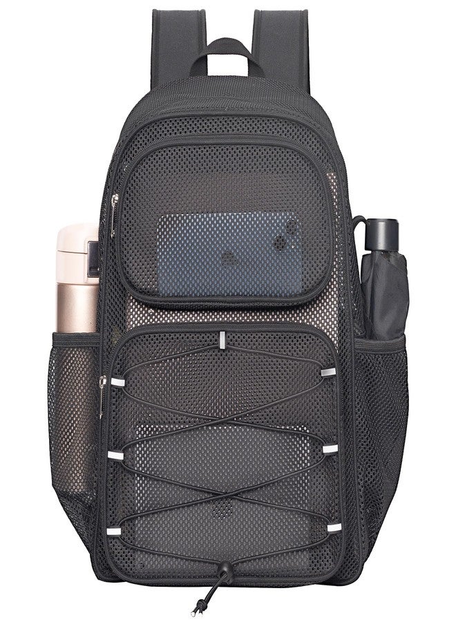 Bagenius Mesh Backpack Heavy Duty See Through Mesh Bag with Paded Strap Large Capacity for Sports Hiking Travel Outdoor Beach, Black - Image 1