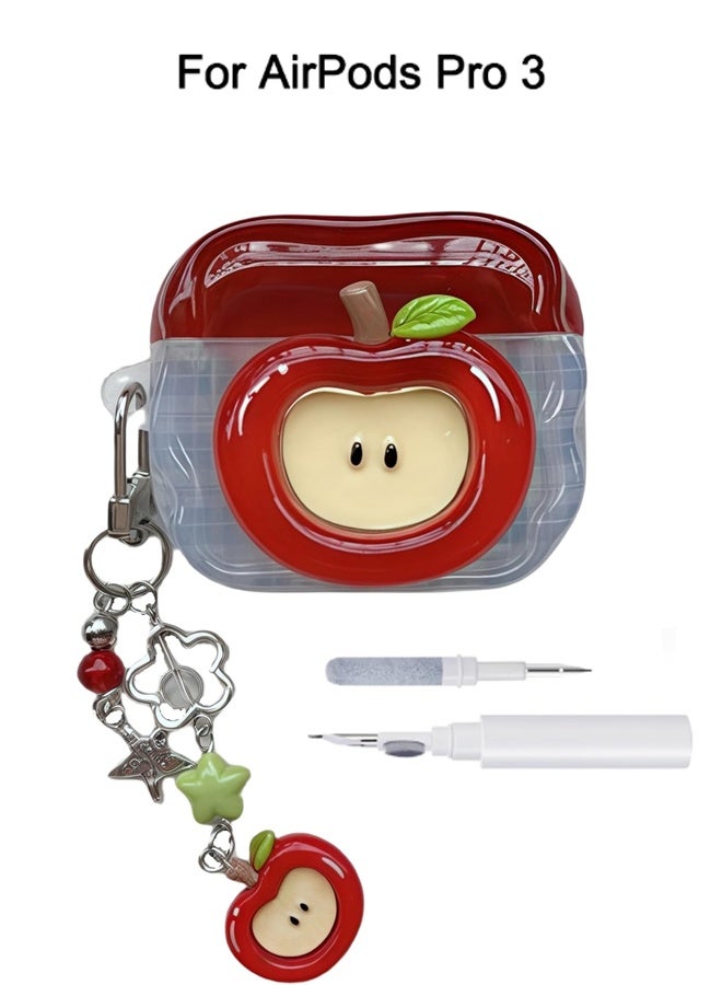 For AirPods Pro 3 Case with Keychain Cute 3D Red Apple Pattern Design Soft Silicone Cover for Women Girls Anti-Fall Shockproof Protective Case for AirPods Pro 3rd Generation  with Keychain and Cleaner Kit - Image 1