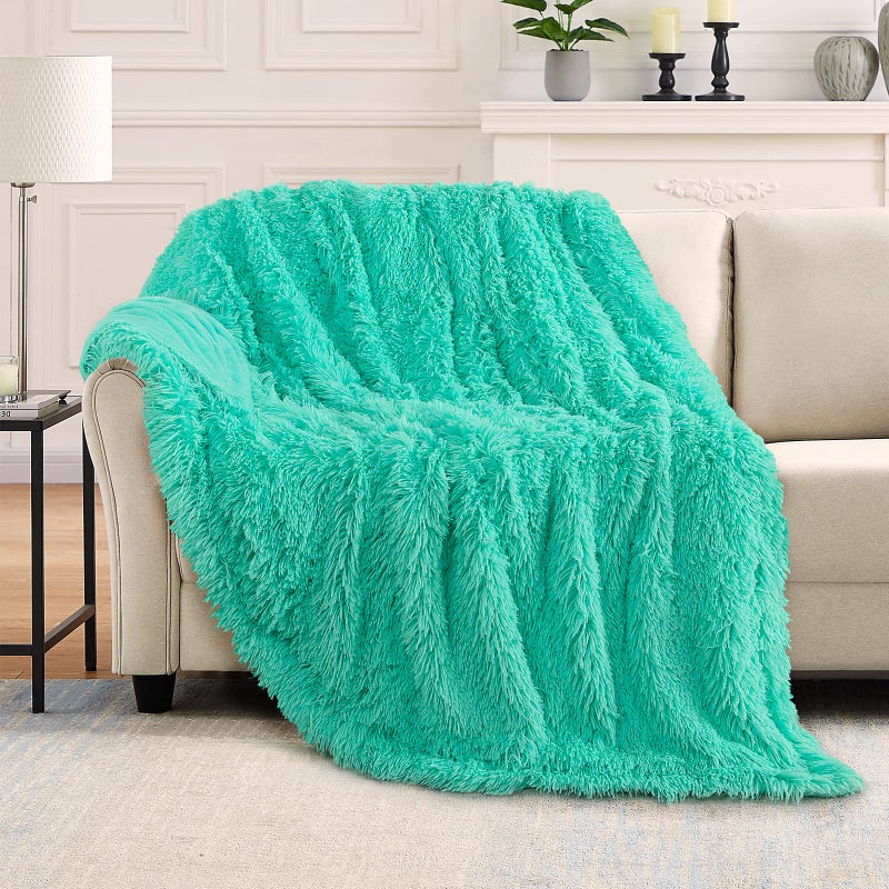 TOONOW Extra Soft Fuzzy Faux Fur Blanket Twin Size 70""x78""  Reversible Lightweight Plush Fuzzy Cozy Soft Blankets and Throws for Couch Sofa Bed  Decorative Fluffy Plush Comfy Blanket  Turquoise - Image 2