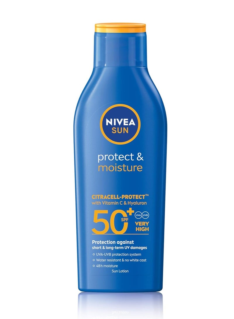 NIVEA SUN Lotion, Protect & Moisture, SPF 50+, Very High and Immediate UVA & UVB Protection, 48H Moisture, Water Resistant, Skin Microbiome Balance, 200ml - Image 1