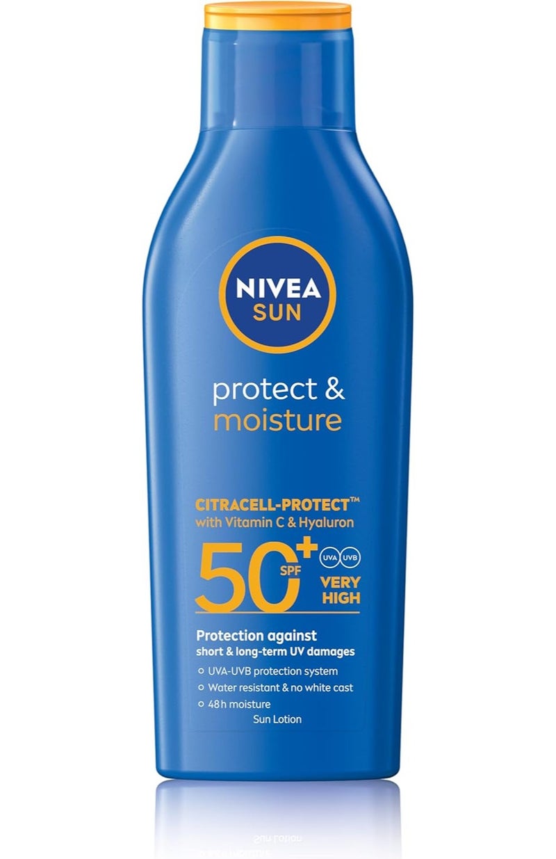 NIVEA SUN Lotion, Protect & Moisture, SPF 50+, Very High and Immediate UVA & UVB Protection, 48H Moisture, Water Resistant, Skin Microbiome Balance, 200ml - Image 1
